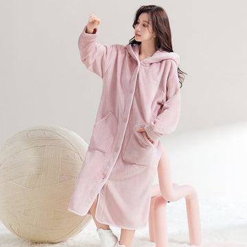 Accappatoio semplice con cappuccio e bottoni in peluche - Rosa - XL - image 0