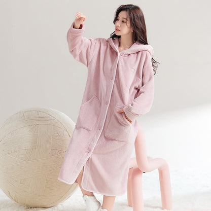 Accappatoio semplice con cappuccio e bottoni in peluche - Rosa - XL - image 0