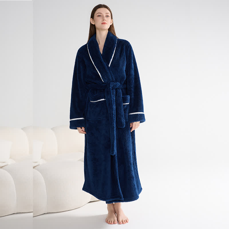 Accappatoio lungo unisex in peluche, caldo e solido - Blu navy - XL - image 8
