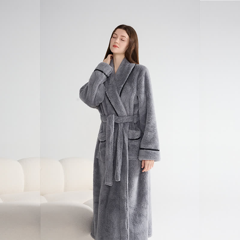 Accappatoio lungo unisex in peluche, caldo e solido - Grigio - XL - image 10