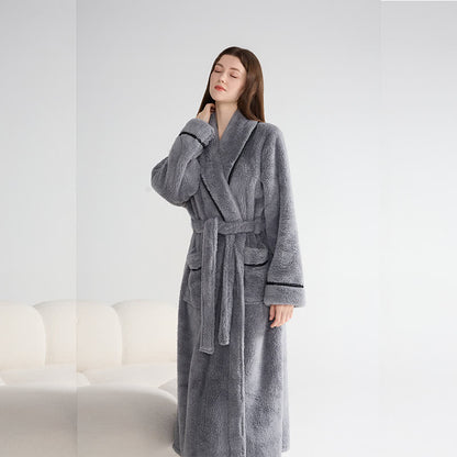 Accappatoio lungo unisex in peluche, caldo e solido - Grigio - XL - image 10