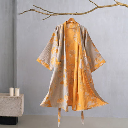 Kimono in garza di cotone e ginkgo - Grigio e arancione - XL - image 55