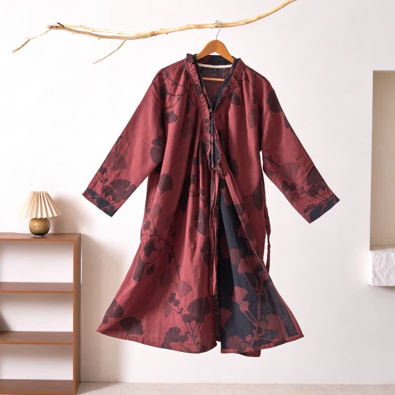 Camicia da notte in cotone ispirata all'Hanfu con foglie di Ginkgo - Rosso - XL - image 36