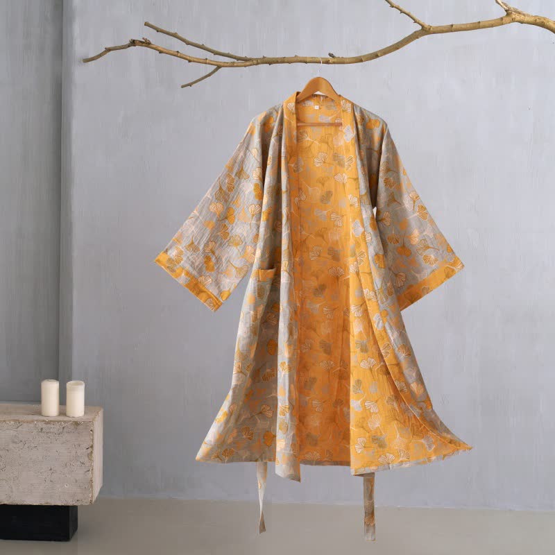 Kimono in garza di cotone Ginkgo Biloba - Grigio e arancione - XL - image 56