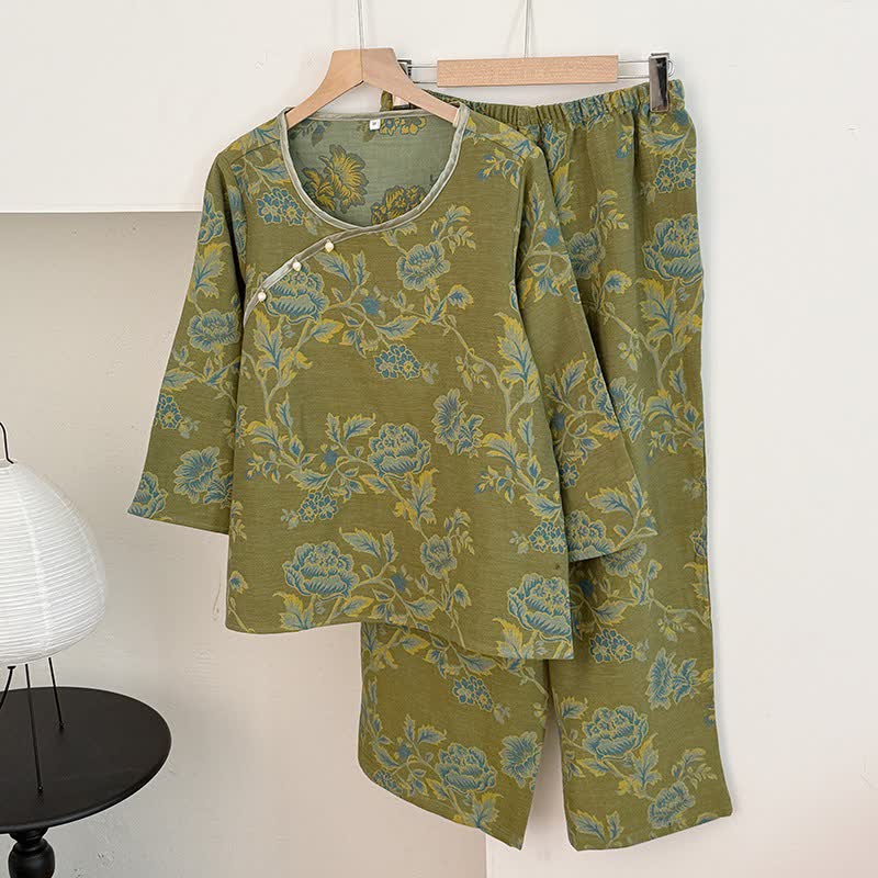 Pigiama in garza di cotone con motivo peonia in stile orientale - Verde - XL - image 1