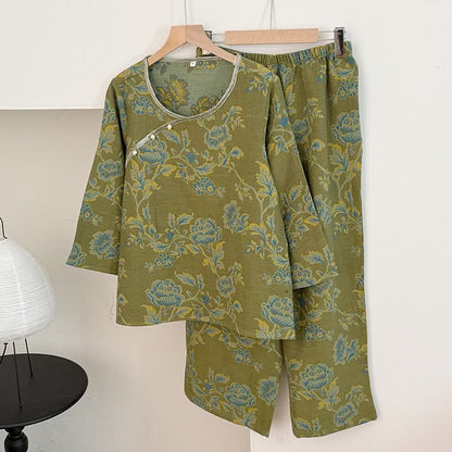 Pigiama in garza di cotone con motivo peonia in stile orientale - Verde - XL - image 1
