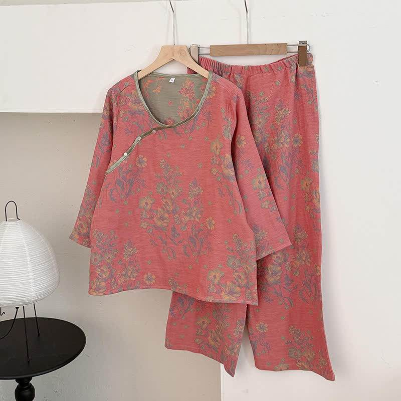 Pigiama in garza di cotone con motivo orientale rosa peonia - Rosa scuro - XL - image 0