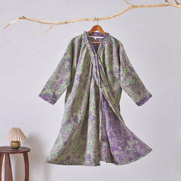 Camicia da notte in cotone con volant e motivo botanico - Verde - XL - image 0