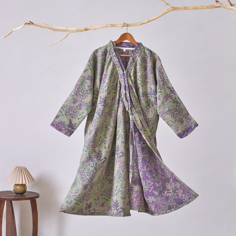 Camicia da notte in cotone con volant e motivo botanico - Verde - XL - image 0
