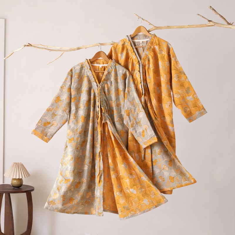 Camicia da notte in cotone con volant e foglie di ginkgo - image 1