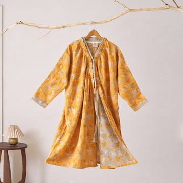 Camicia da notte in cotone con volant e foglie di ginkgo - Giallo - XL - image 0