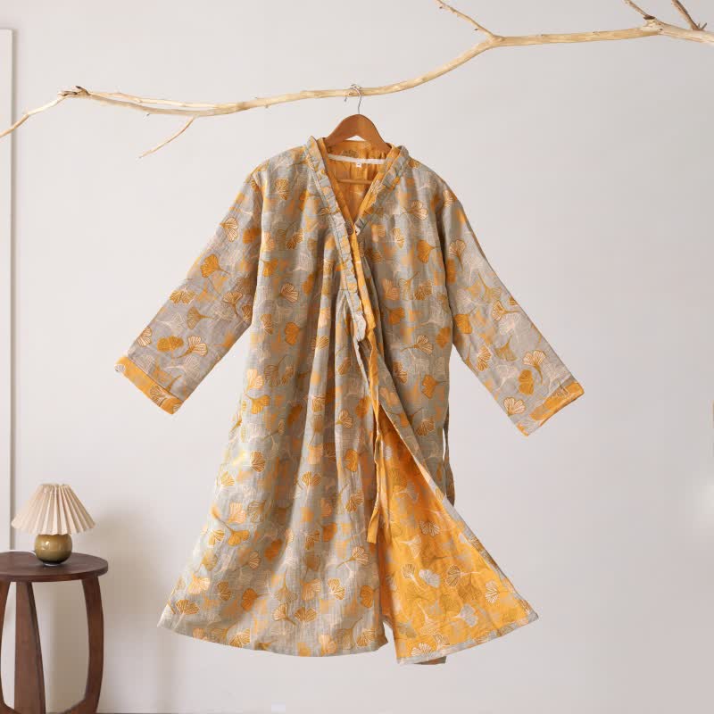 Camicia da notte in cotone con volant e foglie di ginkgo - Grigio - XL - image 12