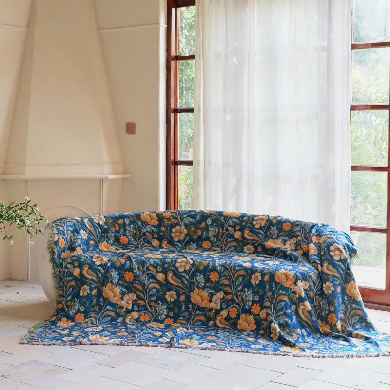 Coperta in cotone con nappa di uccelli floreali vivaci - image 1
