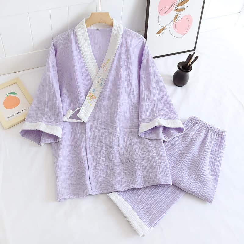 Kimono in garza di cotone ricamato con farfalle - Viola chiaro - XL - image 16