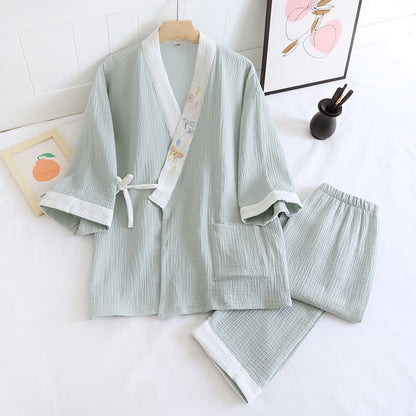 Kimono in garza di cotone ricamato con farfalle - Verde - XL - image 17
