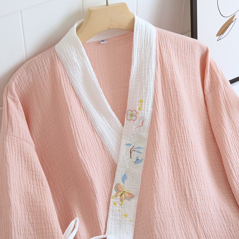 Kimono in garza di cotone ricamato con farfalle - image 5