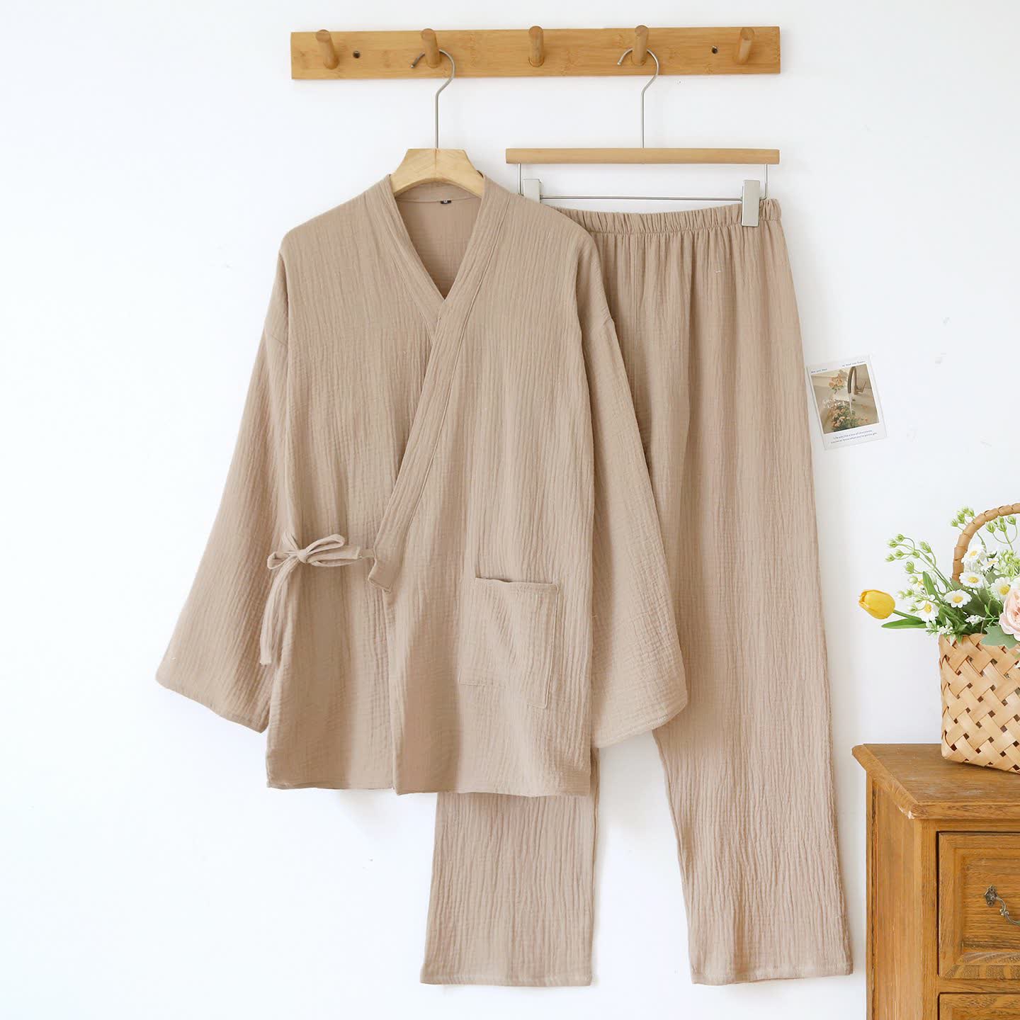 Kimono unisex minimalista in garza di cotone da salotto - Cachi - Uomo XL - image 13