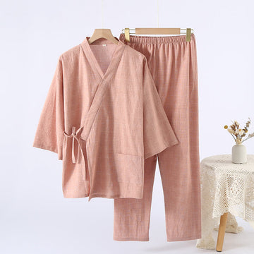 Kimono da casa in garza di cotone a quadri discreti - Arancia - XL - image 0