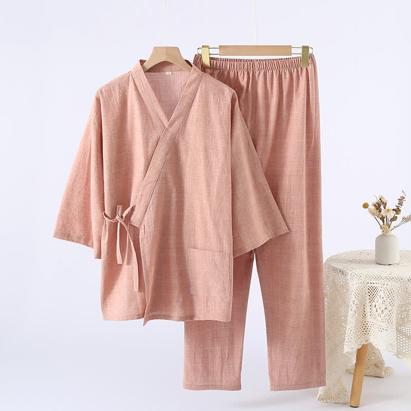 Kimono in garza di cotone a quadri sottili da indossare in salotto - Arancia - XL - image 9