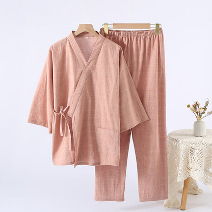 Kimono in garza di cotone a quadri sottili da indossare in salotto - Arancia - XL - image 9