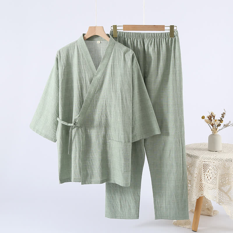 Kimono in garza di cotone a quadri sottili da indossare in salotto - Verde - XL - image 10