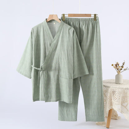 Kimono in garza di cotone a quadri sottili da indossare in salotto - Verde - XL - image 10