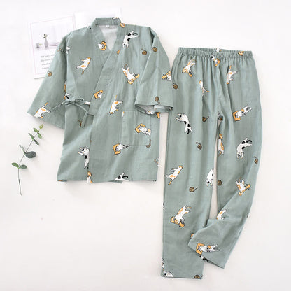 Kimono in cotone con gatto coordinato per coppia - Verde scuro - Uomini - L - image 18