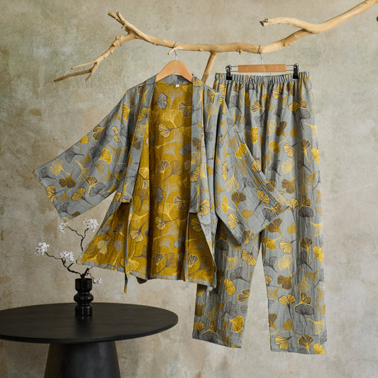 Completo da salotto in kimono di garza di cotone Ginkgo - Grigio chiaro - XL - image 0