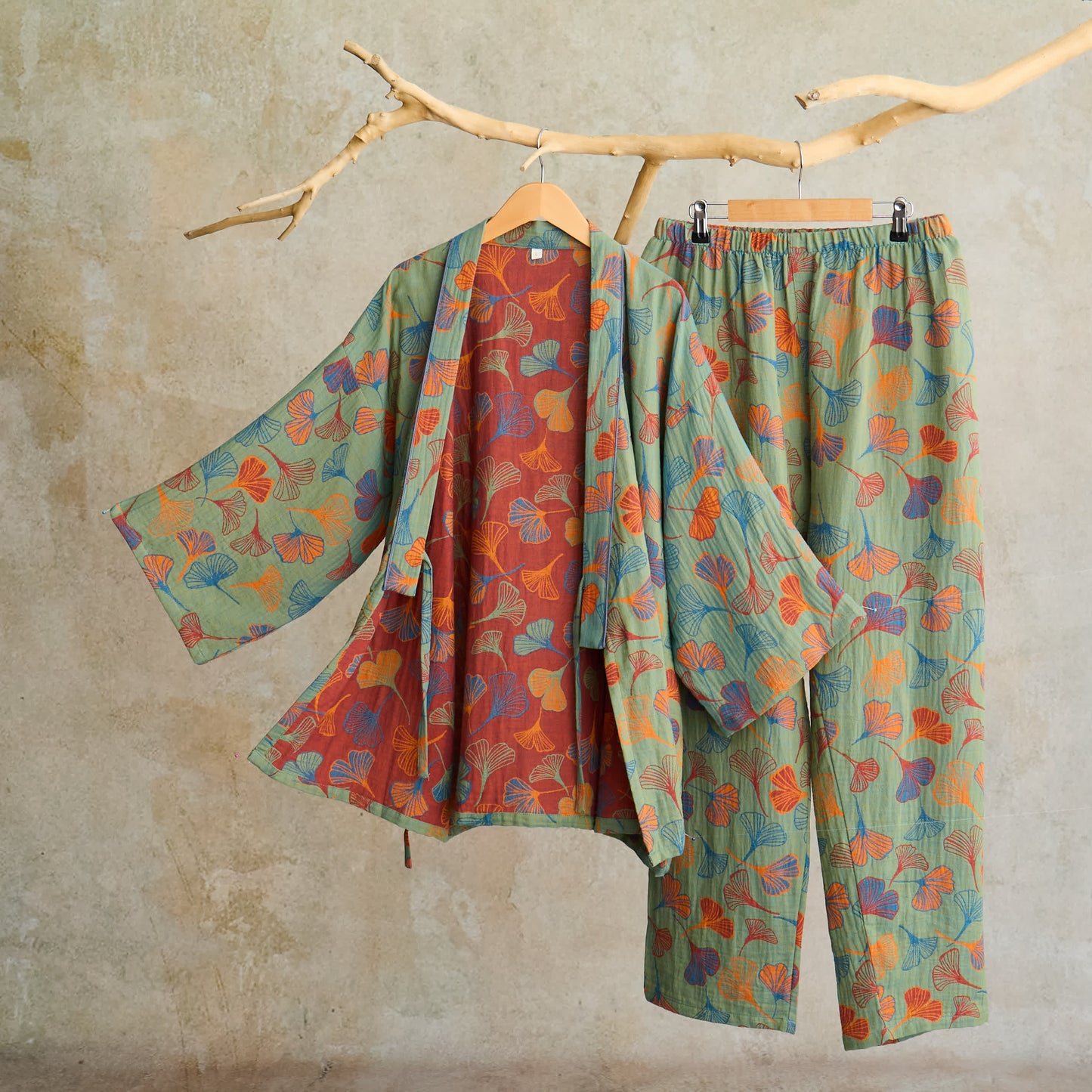 Completo da salotto in kimono di garza di cotone Ginkgo - Verde e vino - XL - image 39