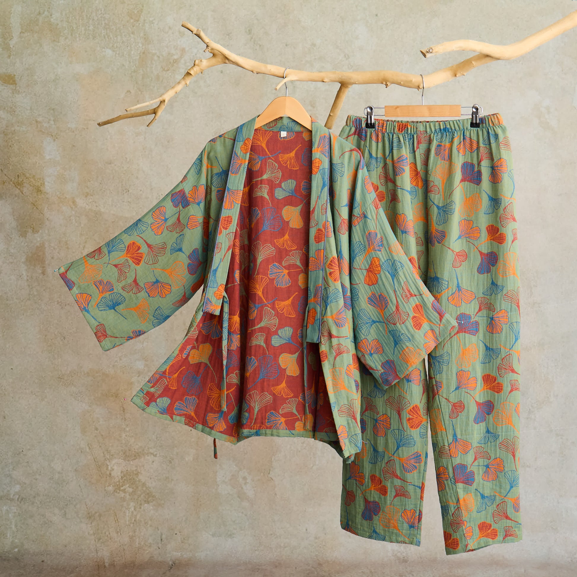Completo da salotto in kimono di garza di cotone Ginkgo - Verde e vino - XL - image 39