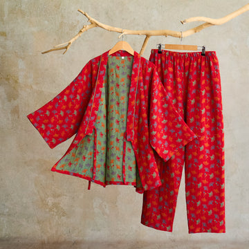 Completo da salotto in kimono di cotone biologico Ginkgo - Rosso e verde - XL - image 0