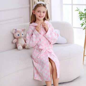 Accappatoio per bambini in garza di cotone con cappuccio a quadri - Rosa - Bambino: 145-160 cm - image 0
