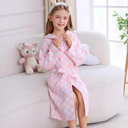 Accappatoio per bambini in garza di cotone con cappuccio a quadri - Rosa - Bambino: 145-160 cm - image 0