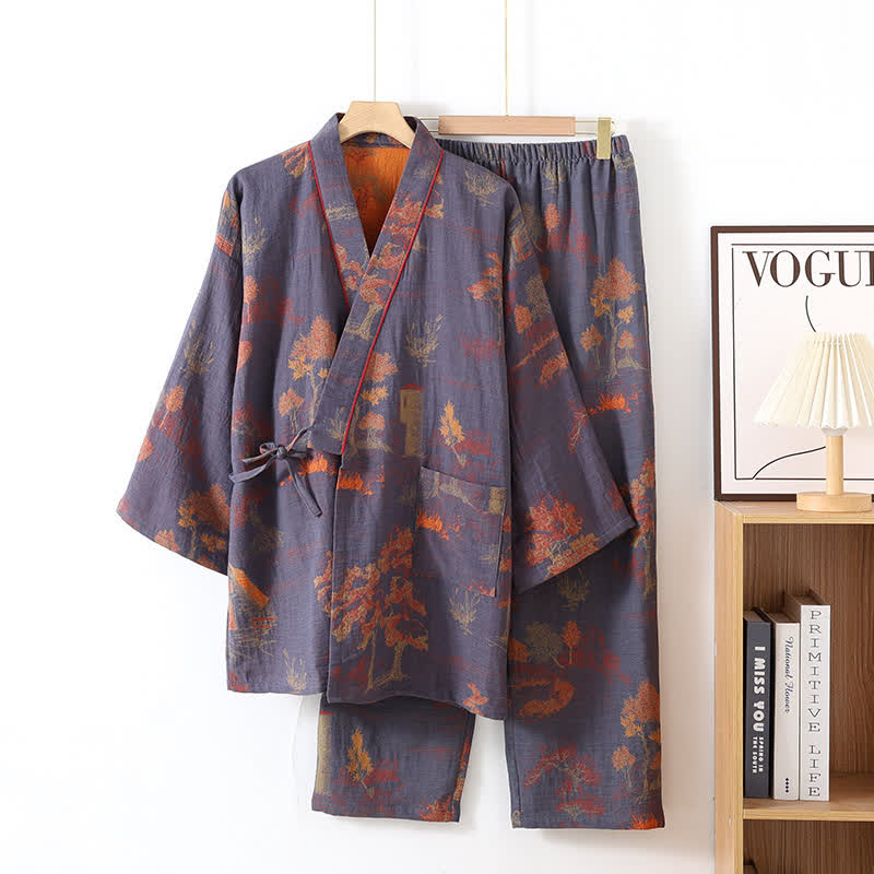 Pigiama in cotone con kimono con paesaggio neutro - Grigio Blu - XL - image 4