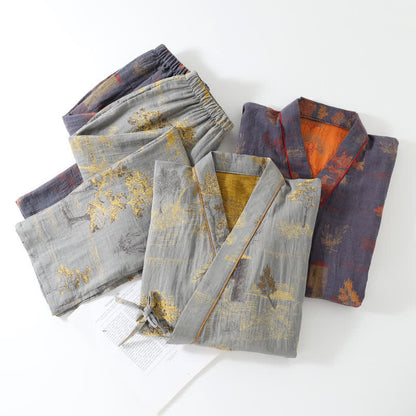 Pigiama in cotone con kimono con paesaggio neutro - image 2