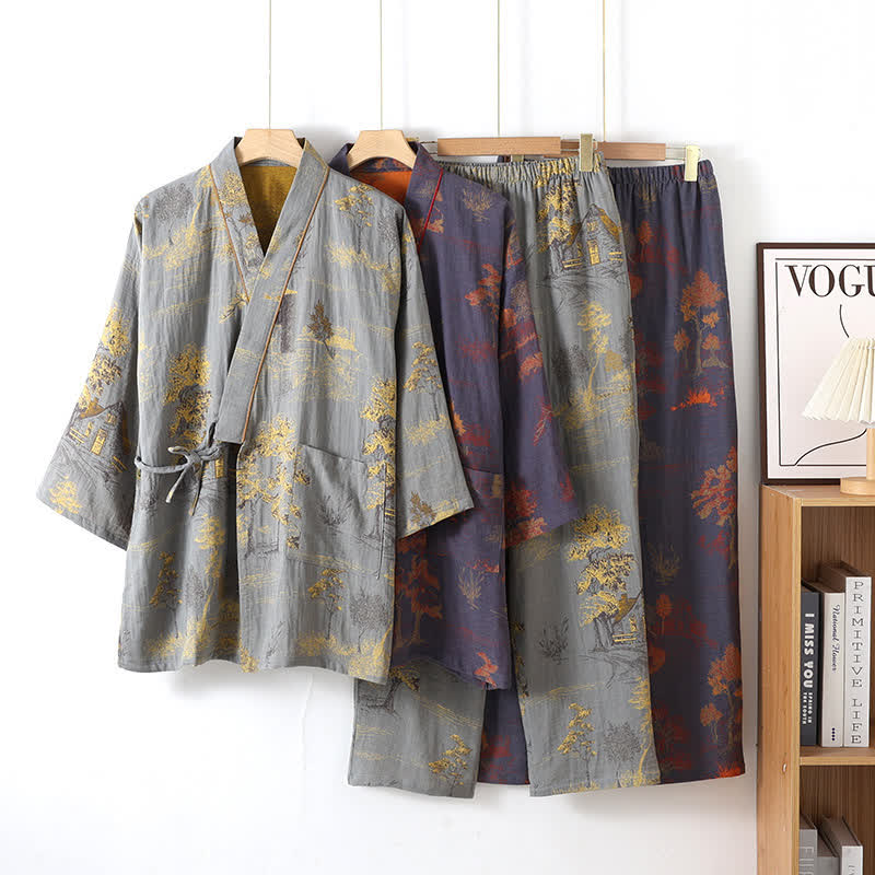 Pigiama in cotone con kimono con paesaggio neutro - image 1