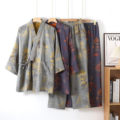 Pigiama in cotone con kimono con paesaggio neutro - image 1