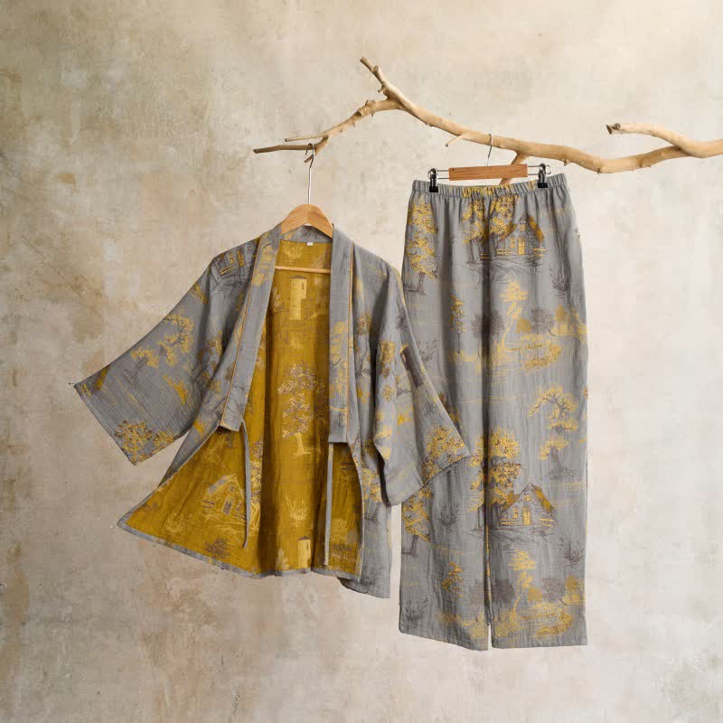 Pigiama in cotone con kimono con paesaggio neutro - image 5
