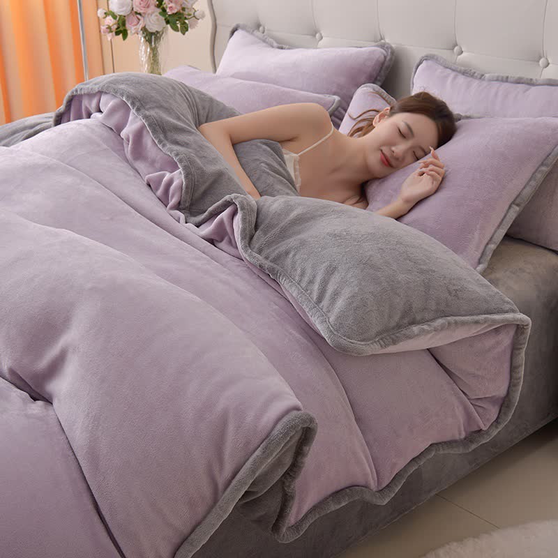 Set di biancheria da letto in peluche reversibile in tinta unita - Viola e grigio - Set di biancheria da letto - Matrimoniale Grande - image 2
