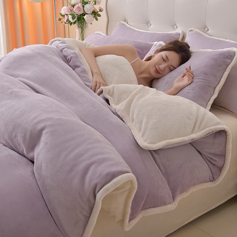Set di biancheria da letto in peluche reversibile in tinta unita - Viola e beige - Set di biancheria da letto - Matrimoniale Grande - image 3