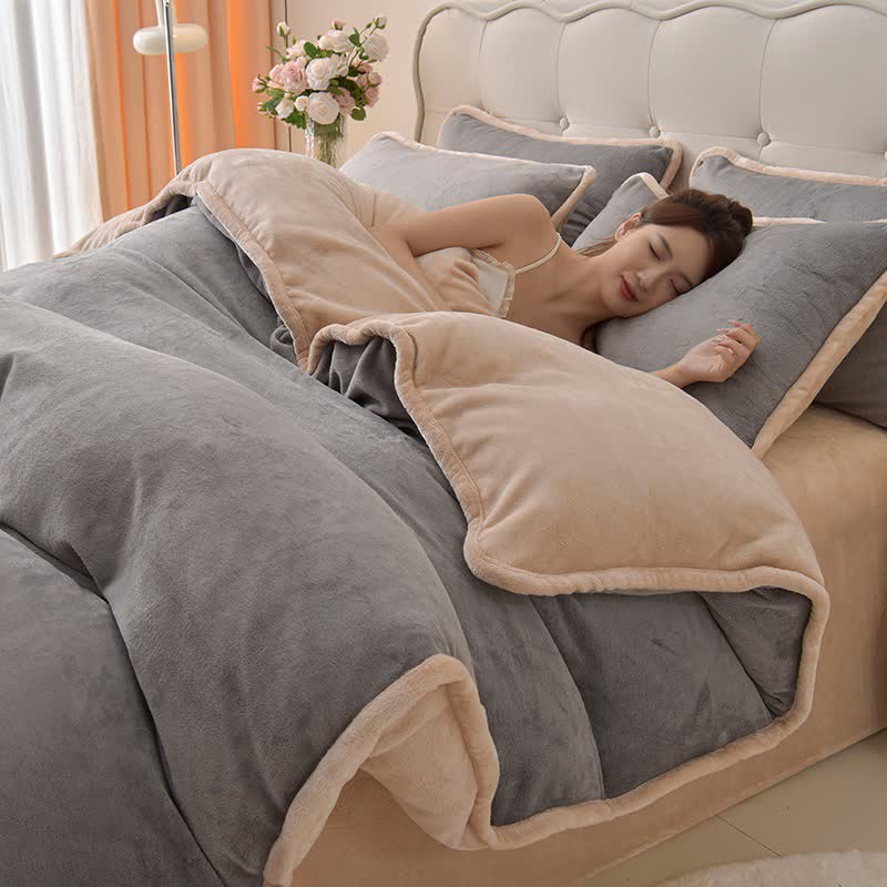Set di biancheria da letto in peluche reversibile in tinta unita - Grigio e albicocca - Set di biancheria da letto - Matrimoniale Grande - image 6