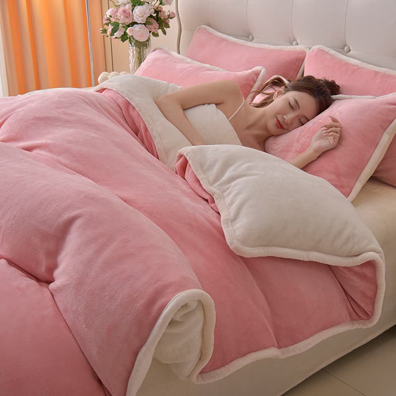Set di biancheria da letto in peluche reversibile in tinta unita - Rosa e beige - Set di biancheria da letto - Matrimoniale Grande - image 4