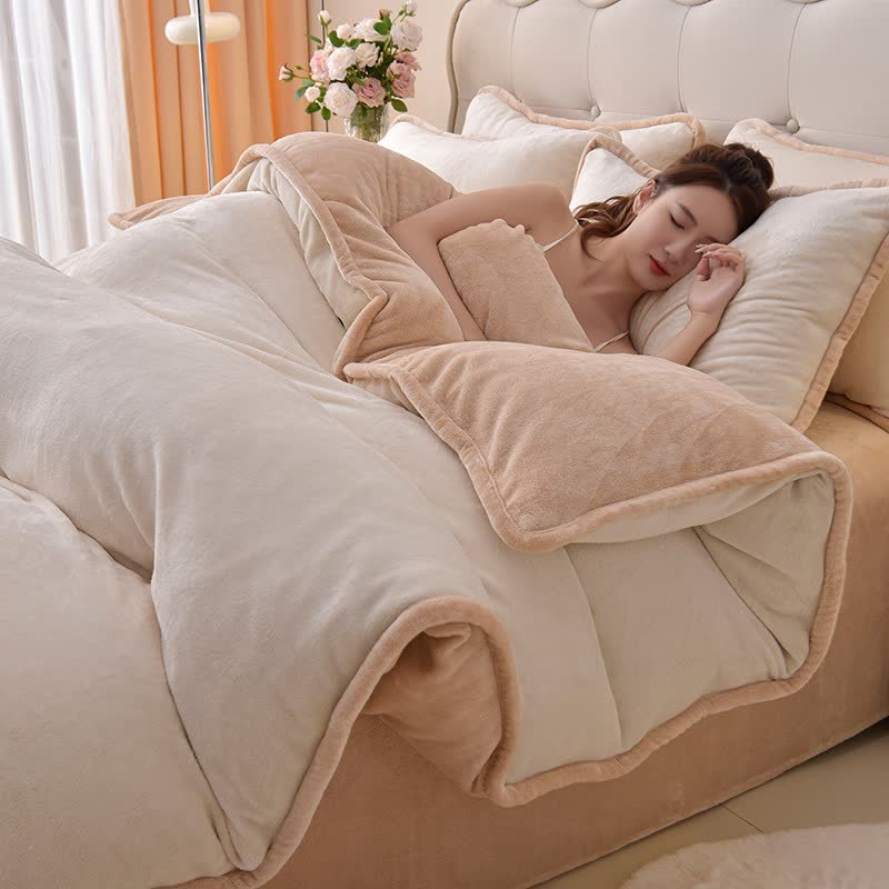 Set di biancheria da letto in peluche reversibile in tinta unita - Beige e albicocca - Set di biancheria da letto - Matrimoniale Grande - image 5