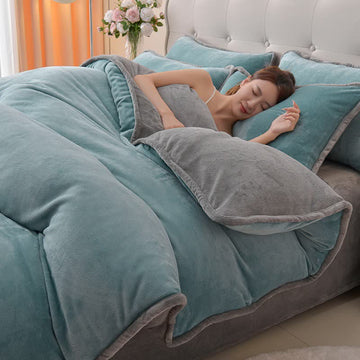 Set di biancheria da letto in peluche reversibile in tinta unita - Blu e grigio - Set di biancheria da letto - Matrimoniale Grande - image 0