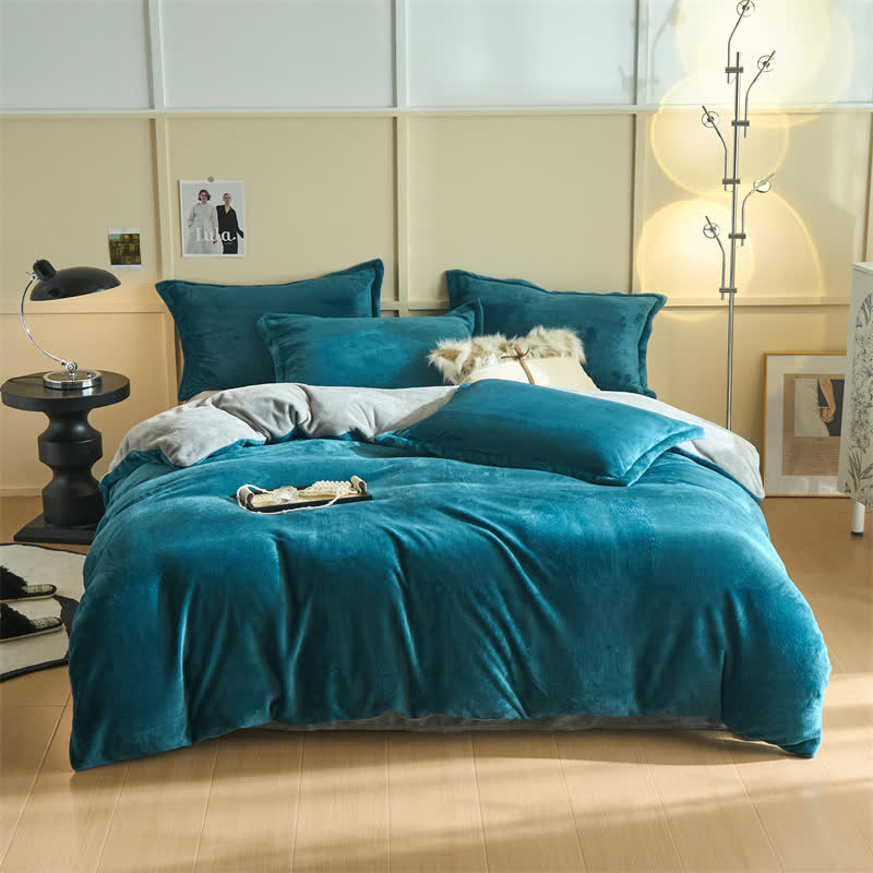 Set di biancheria da letto semplice reversibile in peluche - Blu pavone e grigio - Set di biancheria da letto - Matrimoniale Grande - image 4
