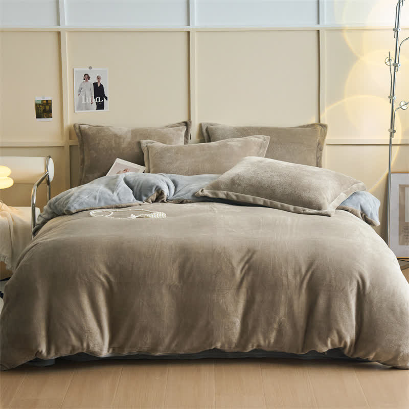 Set di biancheria da letto semplice reversibile in peluche - Cachi e grigio - Set di biancheria da letto - Matrimoniale Grande - image 2
