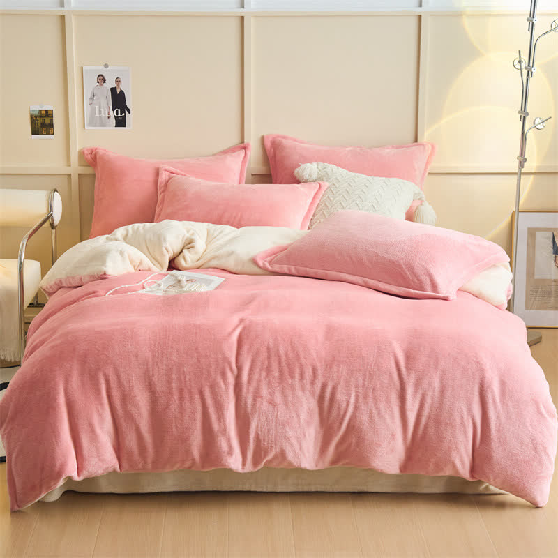 Set di biancheria da letto semplice reversibile in peluche - Rosa e beige - Set di biancheria da letto - Matrimoniale Grande - image 1