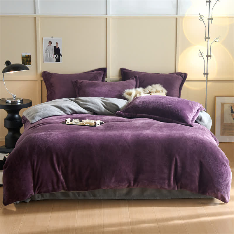 Set di biancheria da letto semplice reversibile in peluche - Viola scuro e grigio - Set di biancheria da letto - Matrimoniale Grande - image 9