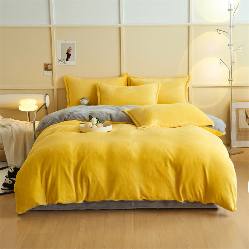 Set di biancheria da letto semplice reversibile in peluche - Giallo e grigio - Set di biancheria da letto - Matrimoniale Grande - image 3