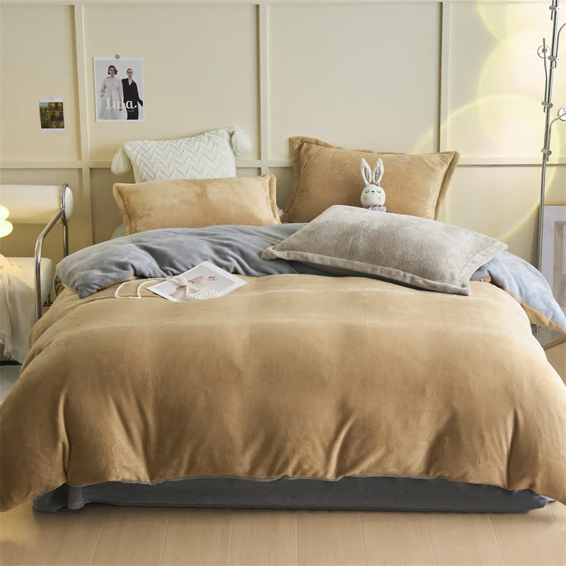 Set di biancheria da letto semplice reversibile in peluche - Cammello e grigio - Set di biancheria da letto - Matrimoniale Grande - image 6